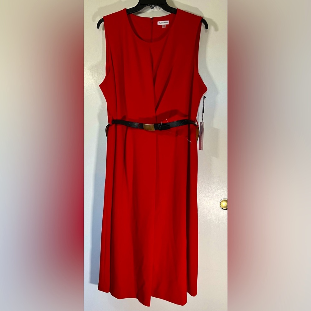 NWT Calvin Klein Red Faux Wrap Midi Fit & Flare Dress w Belt - size 22W